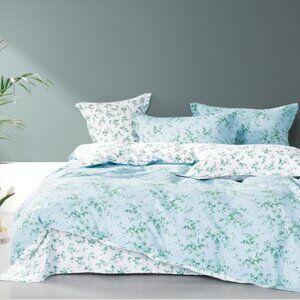 Summer Eve Blue/Green Floral 100% Cotton Reversible Comforter Set Cottagecore